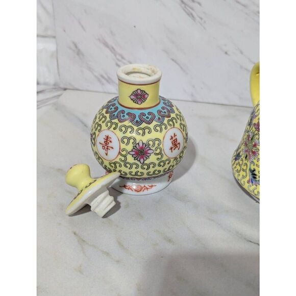 Vintage Mun Shou Longevity Teapot & Soy Sauce Bottle Yellow Dragon Porcelain Mad - Picture 3 of 9